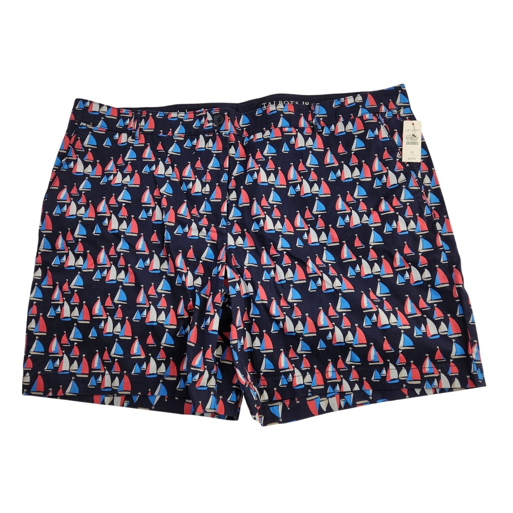 Talbots The Weekend Short Womens 18 Navy Sailboat Print Cotton Stretch Chino NWT